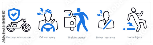A set of 5 mix icons as motorcycle insurance, driver injury, theft insurance