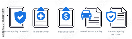 A set of 5 mix icons as insurance policy document, insurance cover, issurance claim