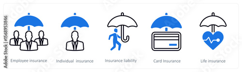 A set of 5 mix icons as employee insurance, individual insurance, insurance liability