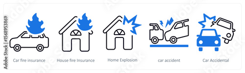 A set of 5 mix icons as car fire insurance, house fire insurance, home explosion