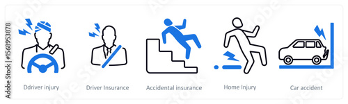 A set of 5 mix icons as driver injury, driver insurance, accidental insurance