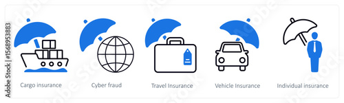 A set of 5 mix icons as cargo insurance, cyber fraud, travel insurance