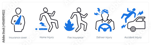 A set of 5 mix icons as insurance cover, home injury, fire insurance