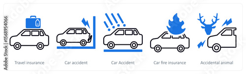 A set of 5 mix icons as travel insurance, car accident, car fire insurance