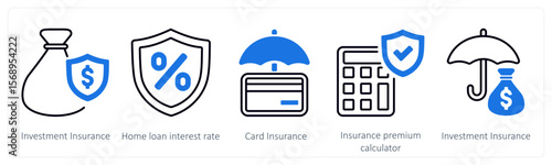 A set of 5 mix icons as investment insurance, home loan interest rate, card insurance