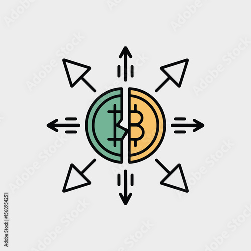 Minimalist Icon Illustrating Bitcoin Cryptocurrency Split into Two Halves with Arrows Indicating Multiple Transactional Directions Teal and Orange Color Scheme