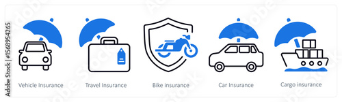 A set of 5 mix icons as vehicle insurance, travel insurance, bike insurance