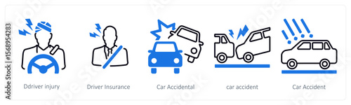 A set of 5 mix icons as driver injury, driver insurance, car accidental