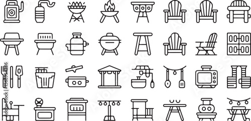 High quality backyard firepit outdoor features line icon set.Vector pictograms of kitchen, patio, fireplace, chiminea, pizza oven, firewood, propane tank, thin linear illustration.
