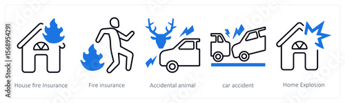 A set of 5 mix icons as house fire insurance, fire insurance, accidental animal,