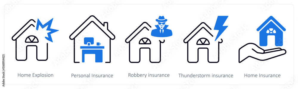 Obraz premium A set of 5 mix icons as home explosion, personal insurance, robbery insurance
