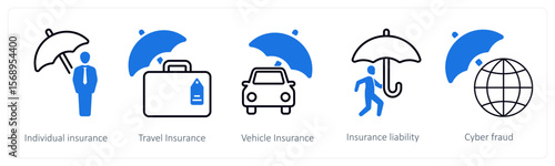 A set of 5 mix icons as individual insurance, travel insurance, vehicle insurance