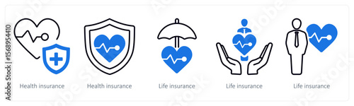 A set of 5 mix icons as health insurance, life insurance, insurance