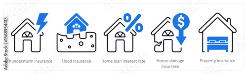 A set of 5 mix icons as thunderstrom insurance, flood insurance, home loan interest rate