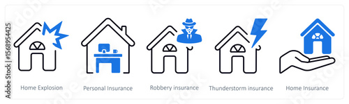 A set of 5 mix icons as home explosion, personal insurance, robbery insurance