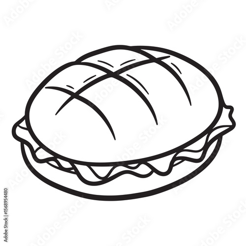 Simple black and white illustration of a delicious sandwich with bread and fillings ready to eat