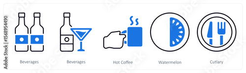 A set of 5 mix icons as beverages, hot coffee, watermelon