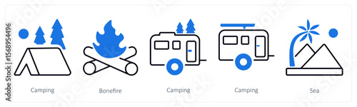A set of 5 mix icons as camping, bonfire, sea