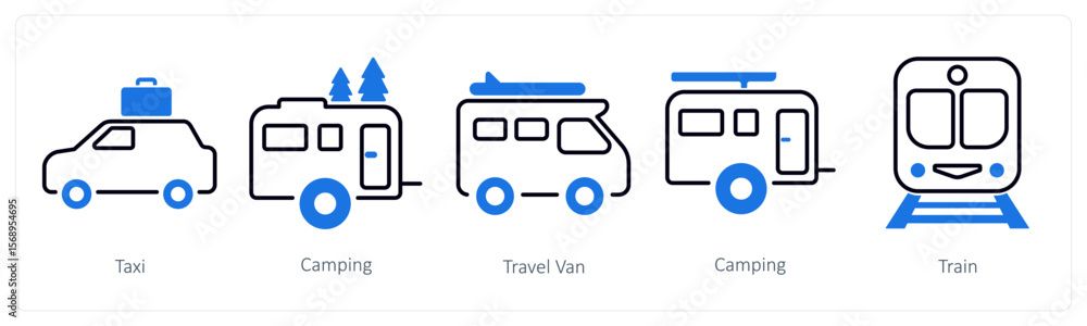 Fototapeta premium A set of 5 mix icons as taxi, camping, travel van