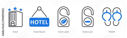 A set of 5 mix icons as hotel, hotel board, hotel label