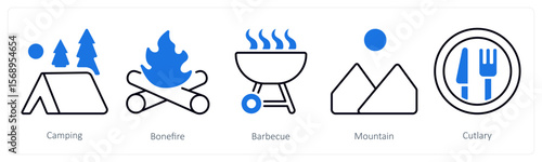 A set of 5 mix icons as camping, bonfire, barbecue