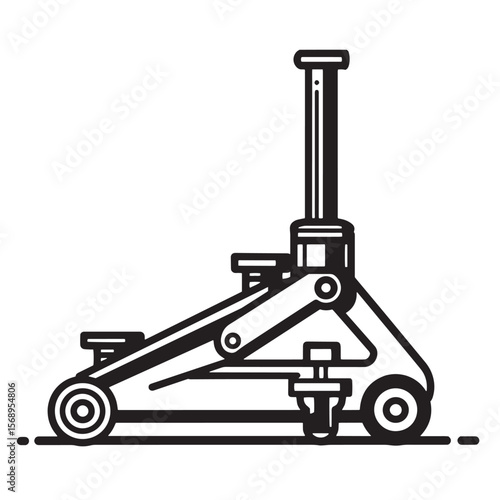 Simple black and white illustration of a hydraulic car jack for automotive maintenance