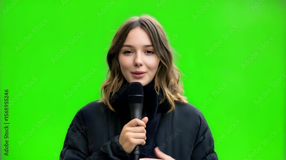 Young presenter shares insights on vibrant outdoor activities against bright green backdrop in a lively urban setting Young presenter shares insights on vibrant outdoor activities against bright green backdrop in a lively urban setting