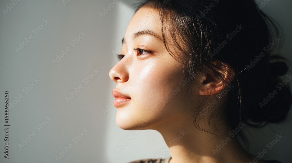 Naklejka premium 横顔が美しい若い女性のシンプルなポートレート｜横顔, 若い女性, ポートレート