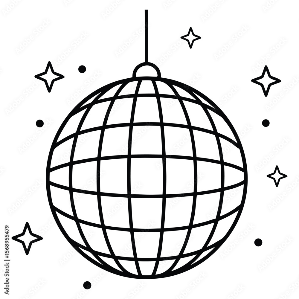 Simple black outline disco ball hanging with stars and dots on white background Simple black outline disco ball hanging with stars and dots on white background
