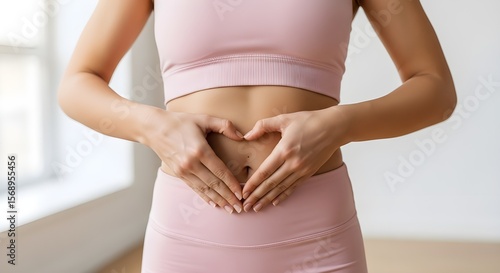 A woman in athletic wear forms a heart with her hands over her abdomen.