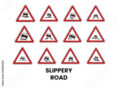 Collection of Slippery Road Warning Signs for Drivers