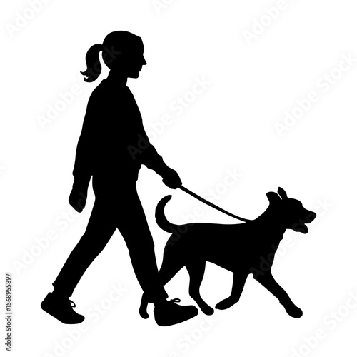Woman walking dog silhouettes vector illustration,Cute puppy on leash and pet owner strolling on street,pet owner strolling on street.Pet Companion Vector Illustration isolated on white background.	