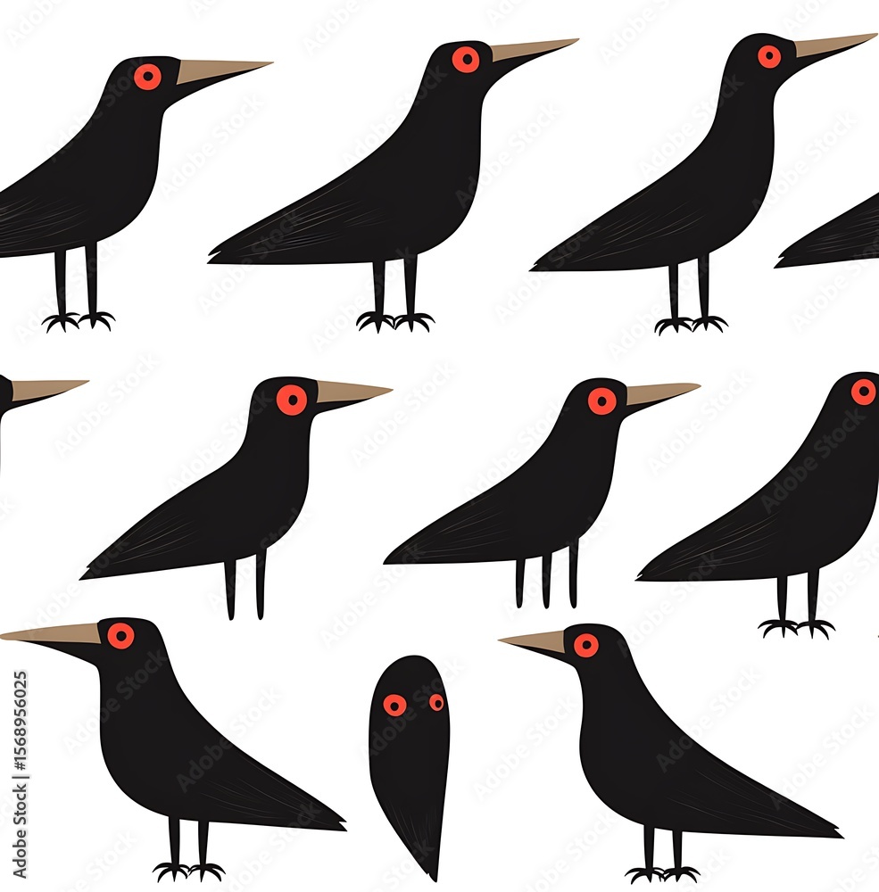 Obraz premium A seamless pattern of simple cartoon black crows with long beaks and red eyes on a white background
