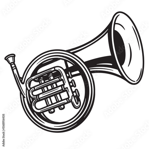 Vector illustration of a classical french horn musical instrument design in black and white