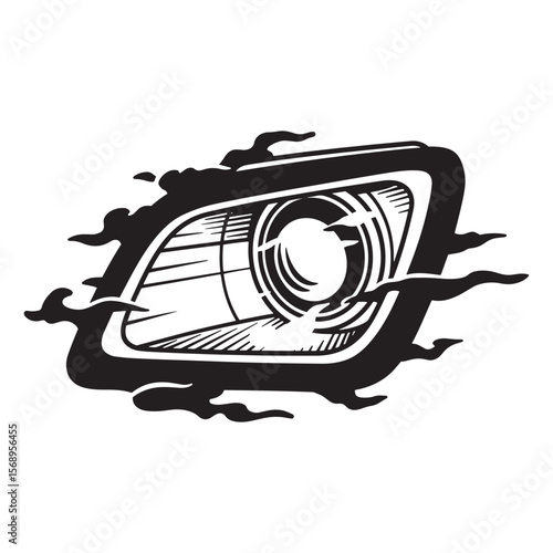 Vector illustration of a car headlight with smokey outline in bold black and white