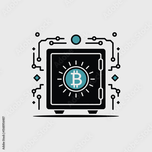 Minimalist Icon Illustration Black Safe Bitcoin Cryptocurrency Digital Security Teal Blue Lines Circuit Board Technology Finance Banking