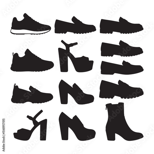 Twelve Black Silhouette Shoe Icons Sneakers Loafers Platform Heels Ankle Boots Fashion Footwear Collection Graphic Design Elements