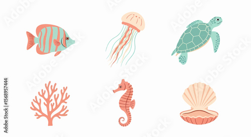Happy summer text set vector icon with marine creatures and pastel beach elements illustration