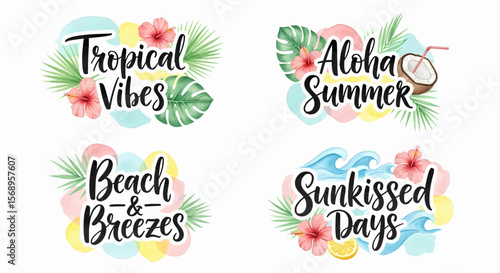 Happy summer text set vector icon with hand lettering quotes in tropical floral leaf backgrounds