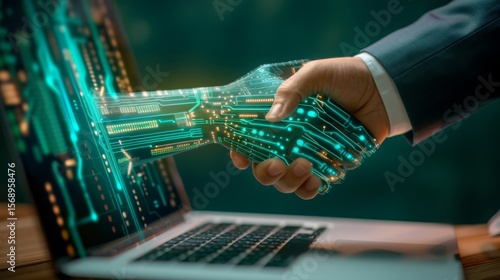 Human hand shaking a digital robotic hand emerging from a laptop, symbolizing technology integration and collaboration between humans and AI.