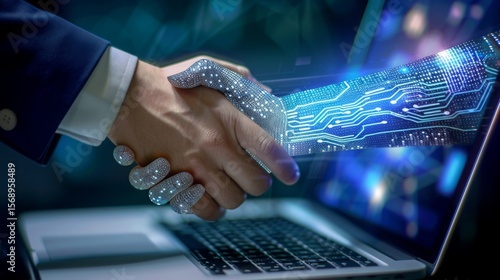 A human hand shakes a digital robotic hand emerging from a laptop, symbolizing technology collaboration and AI integration in business.