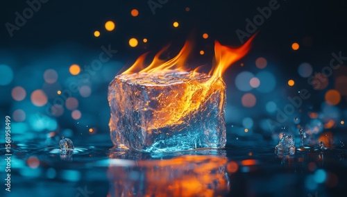 Burning Ice Cube on Water with Bokeh Background