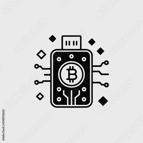 Minimalist Icon Illustration of a Black Bitcoin Hardware Wallet with Circuit Board Design U S B Port and Teal and Blue Square Elements on Light Gray Background