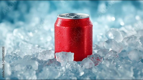 A red soda can  in the middle of ice cubes, in a very cold environment. Copy space.