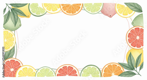 Happy summer text set vector icon with border frame of colorful citrus slices and tropical fruits