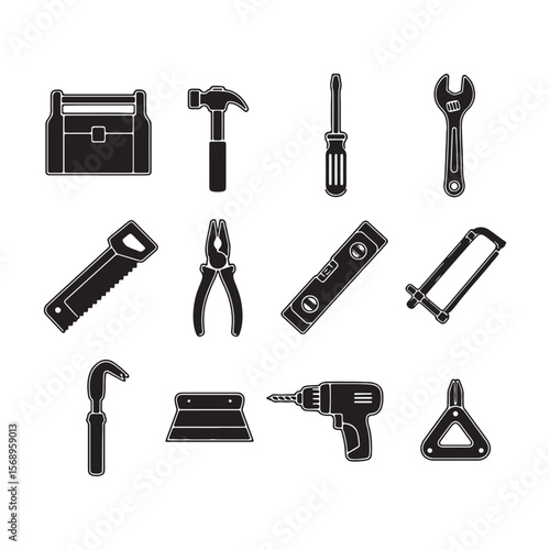 Twelve Black Silhouettes of Common Hand Tools on White Background Including Claw Hammer Screwdriver Wrench Saw Pliers Level Hacksaw Putty Knife Cordless Drill