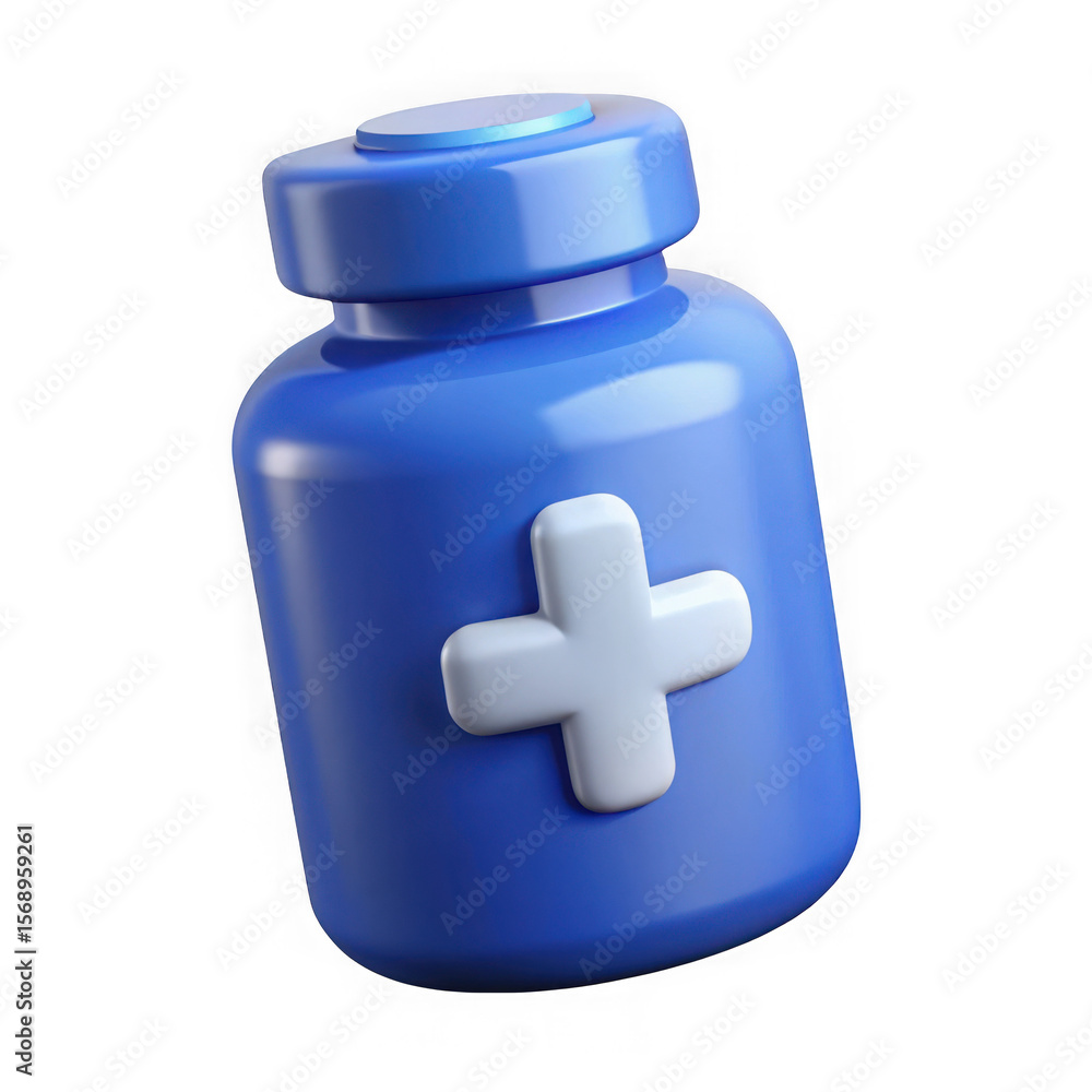 Obraz premium Blue medicine bottle with cross isolated on transparent background