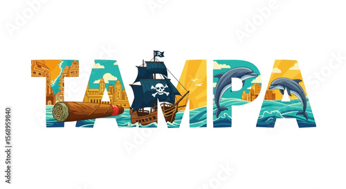 Tampa Florida Travel Design with Pirate Ship, and Dolphin.