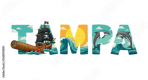 Tampa Florida Vector Art with Pirate Ship, and Dolphins.