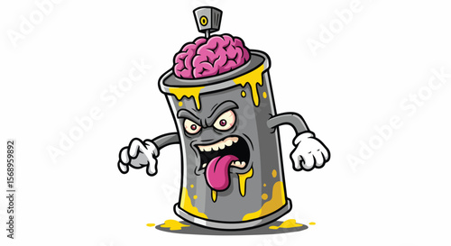 Angry Spray Paint Can with Brain and Dripping Paint